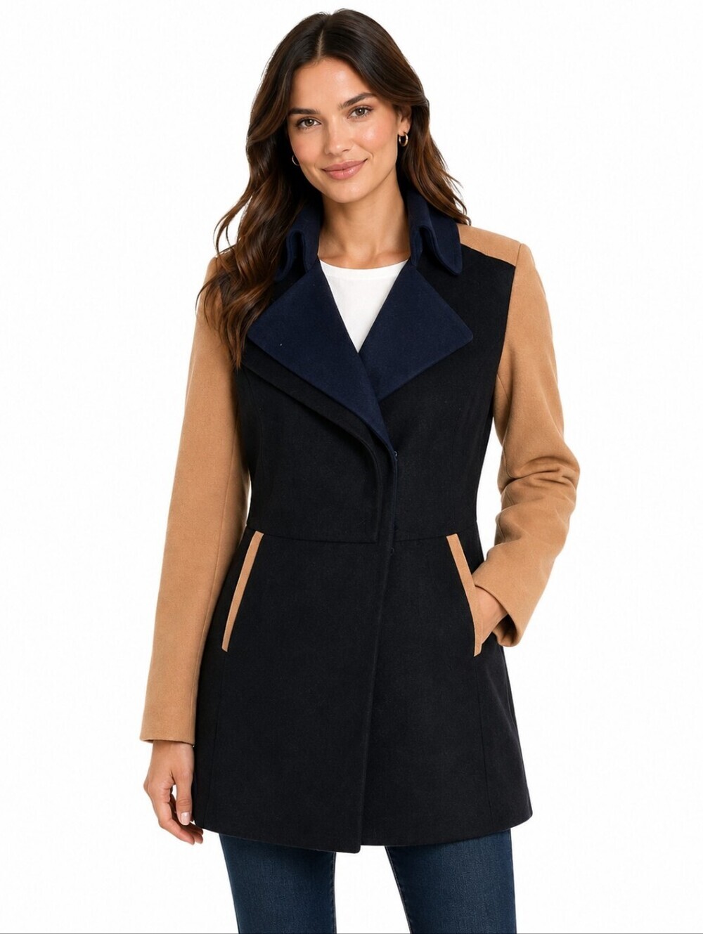 GB Gianni Bini Navy Camel Colorblock Wool Blend Coat Jacket Womens L